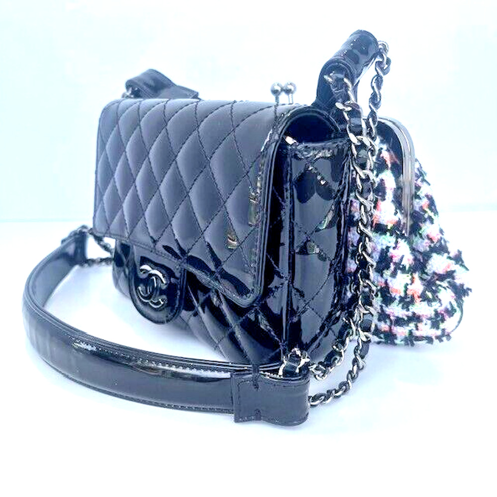 Chanel TWIN Exclusive Edition Patent Black &Tweed Mini Kiss Lock Flap Double Bag - Picture 3 of 14